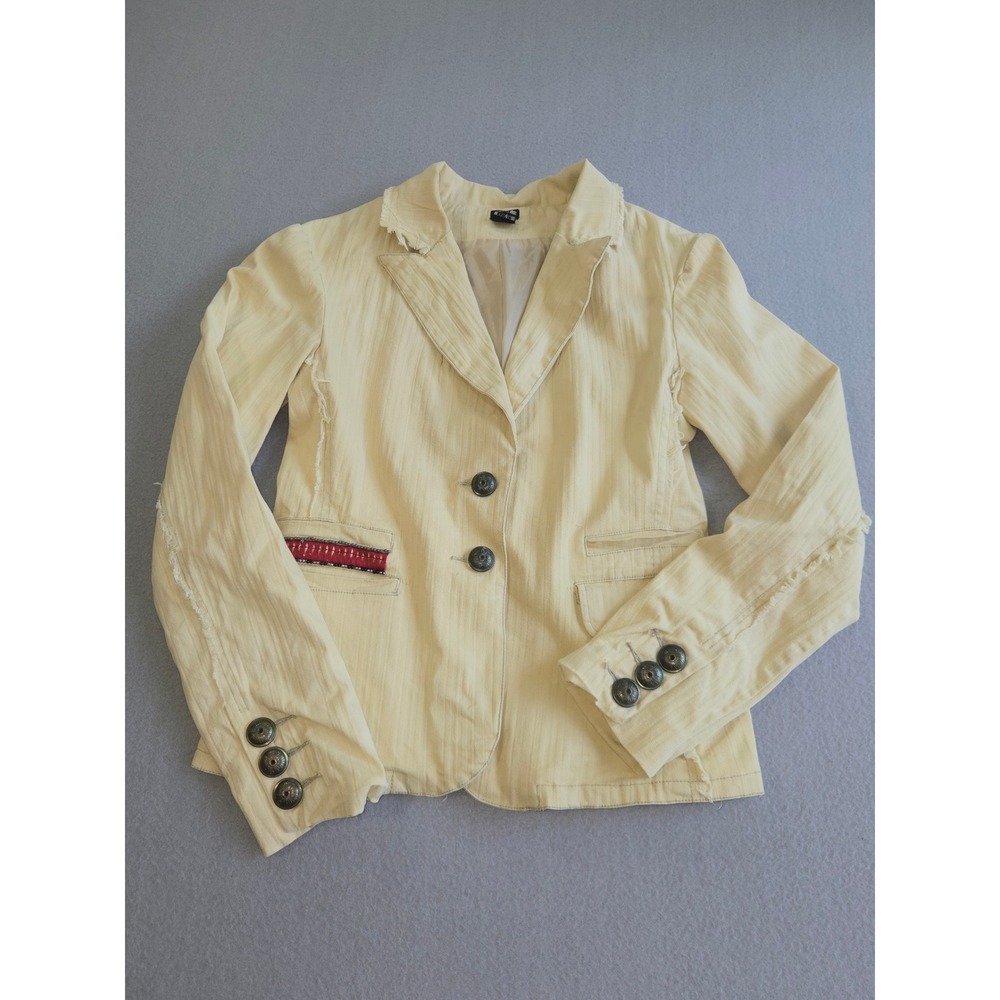 Aziz Blazer Womens Medium Yellow Distressed Boho Beaded‎ Back Embroidered Jacket